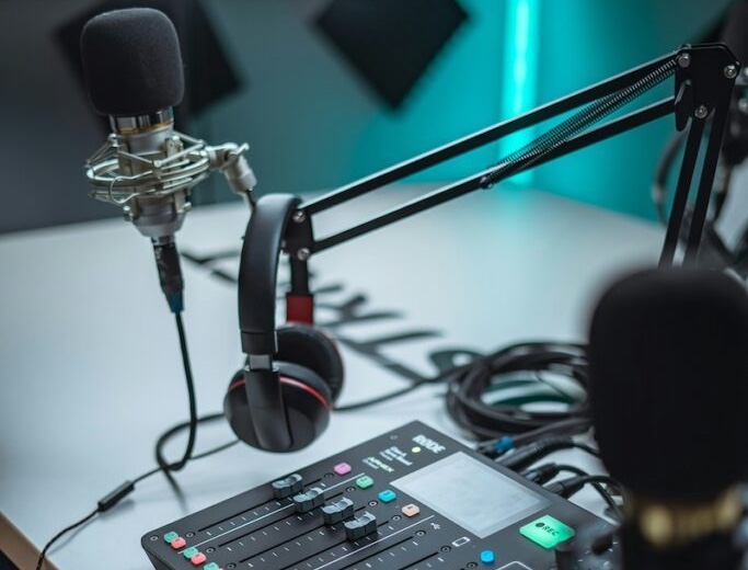 Podcastsstudio mit Mikrofon und Aufnahmegerät